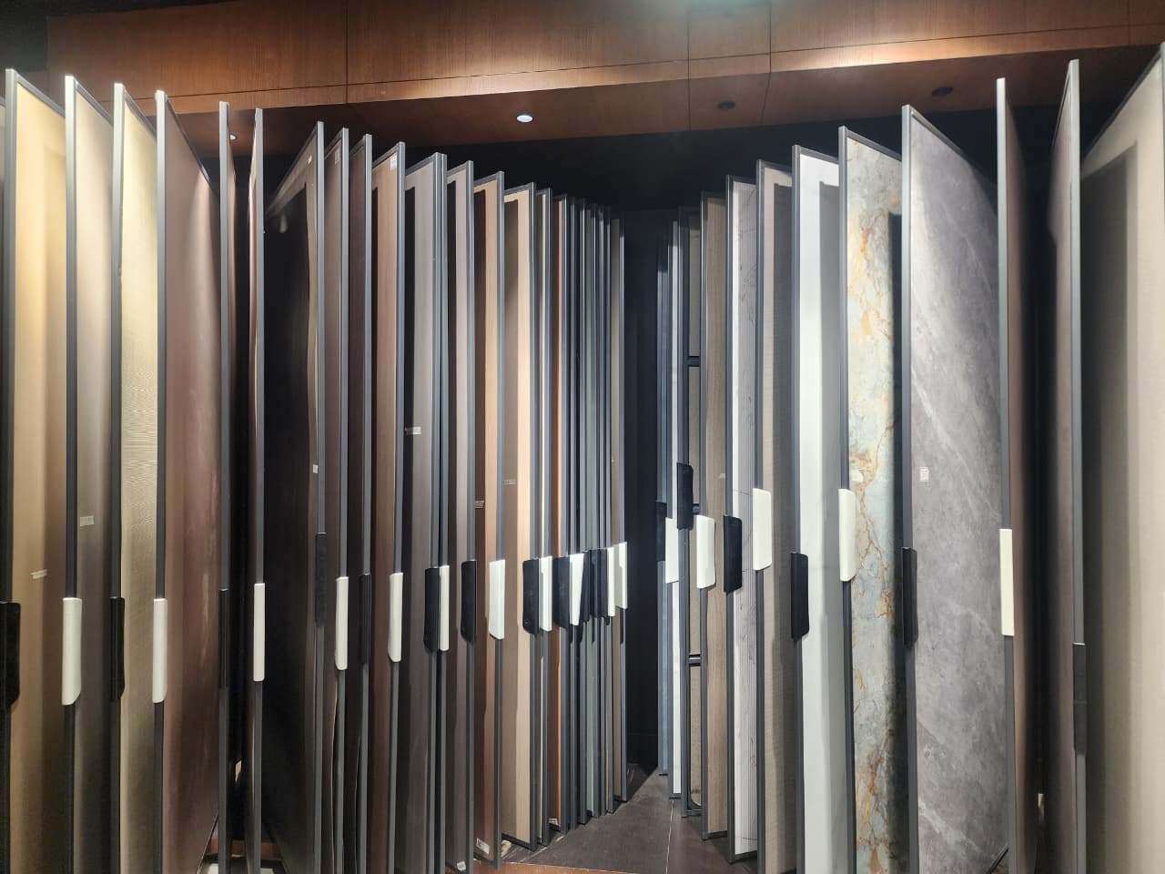 Aisle of laminate sample boards in the showroom